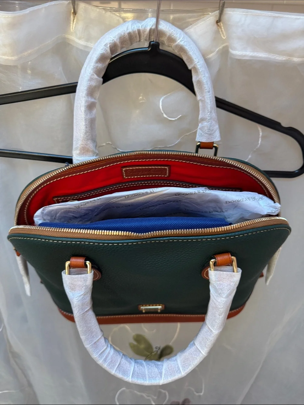 Dooney & Bourke Green Pebble Leather Satchel with Brown Trim (R343, Forest, NWT)